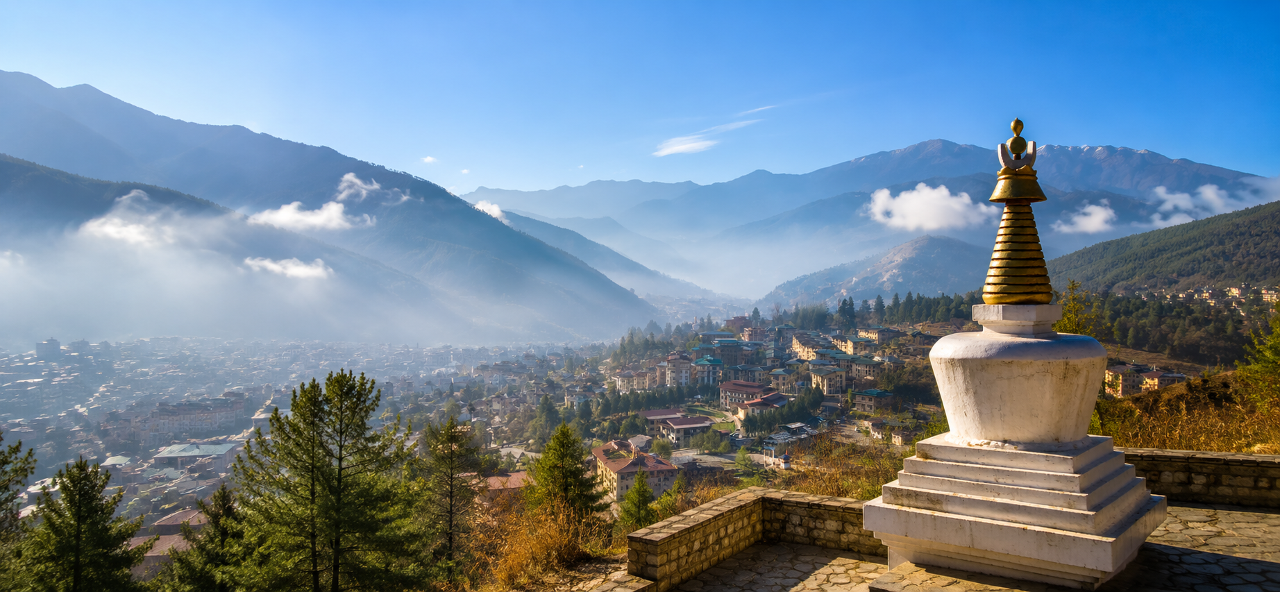 Bhutan stupa and valley